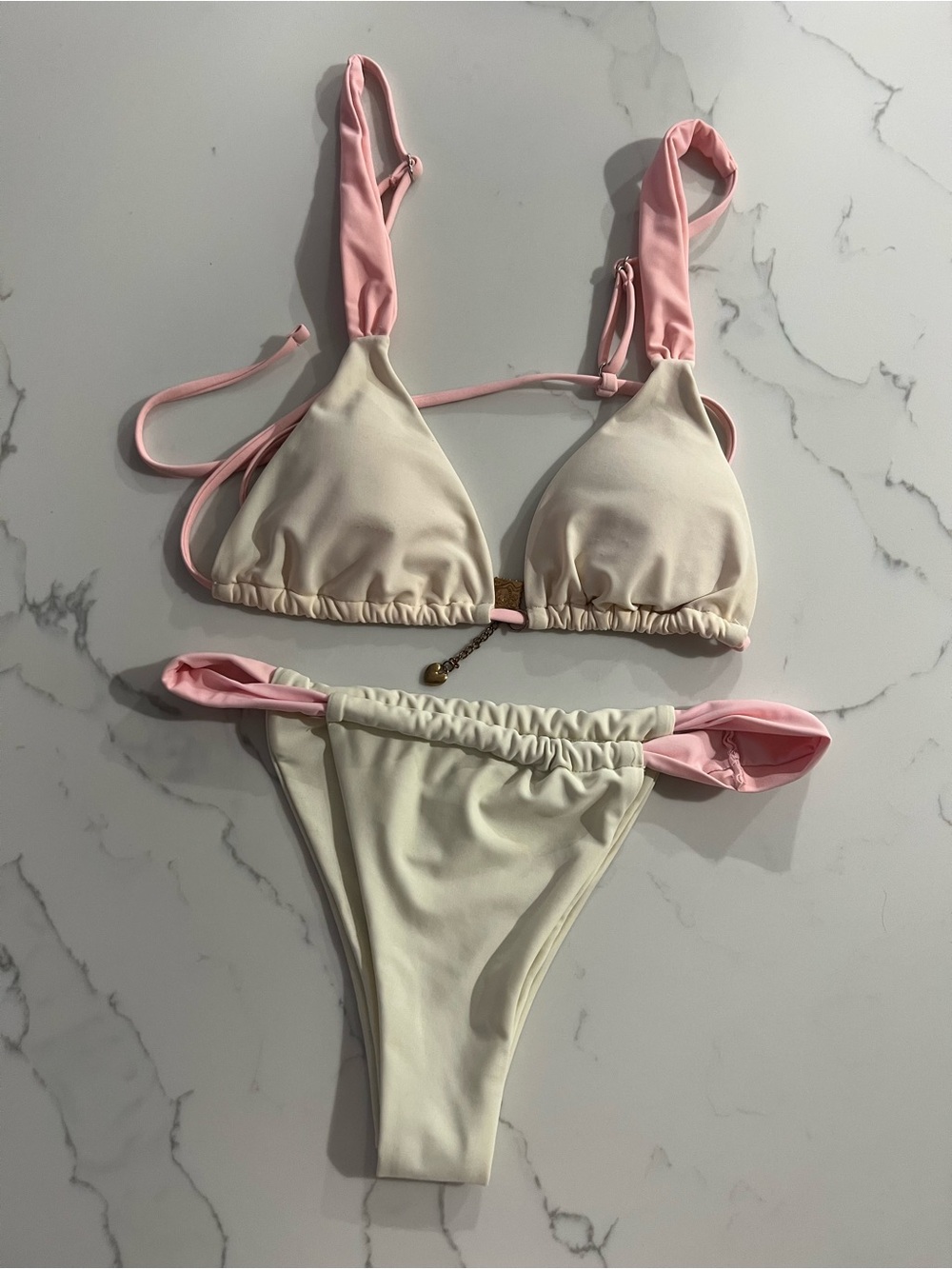 Medium Two-Tone Pink & Cream Triangle Bikini Set - Women Swim